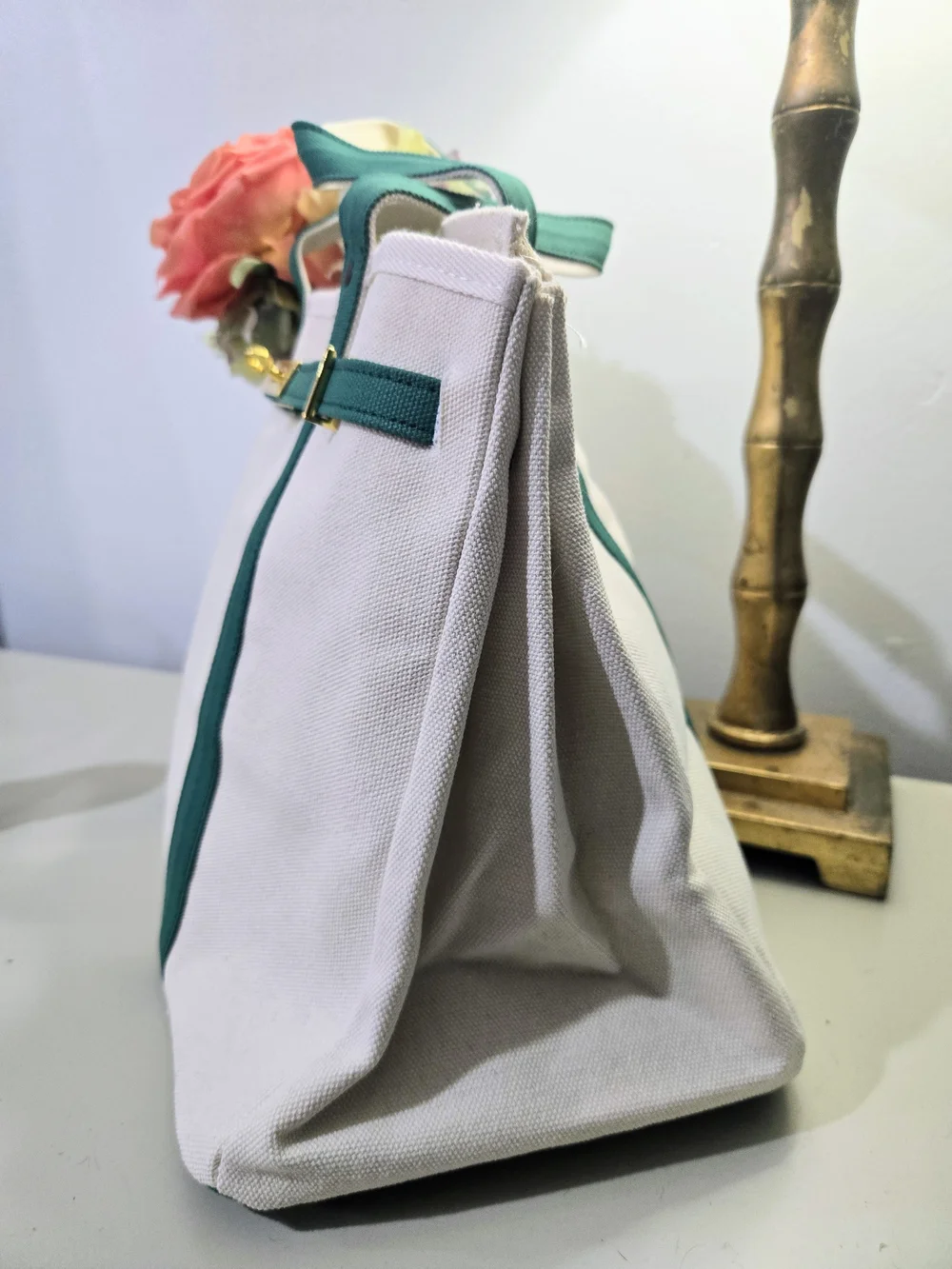Stylish Canvas Boat Tote - Cream & Forest Green, NEW - Picture 4 of 11
